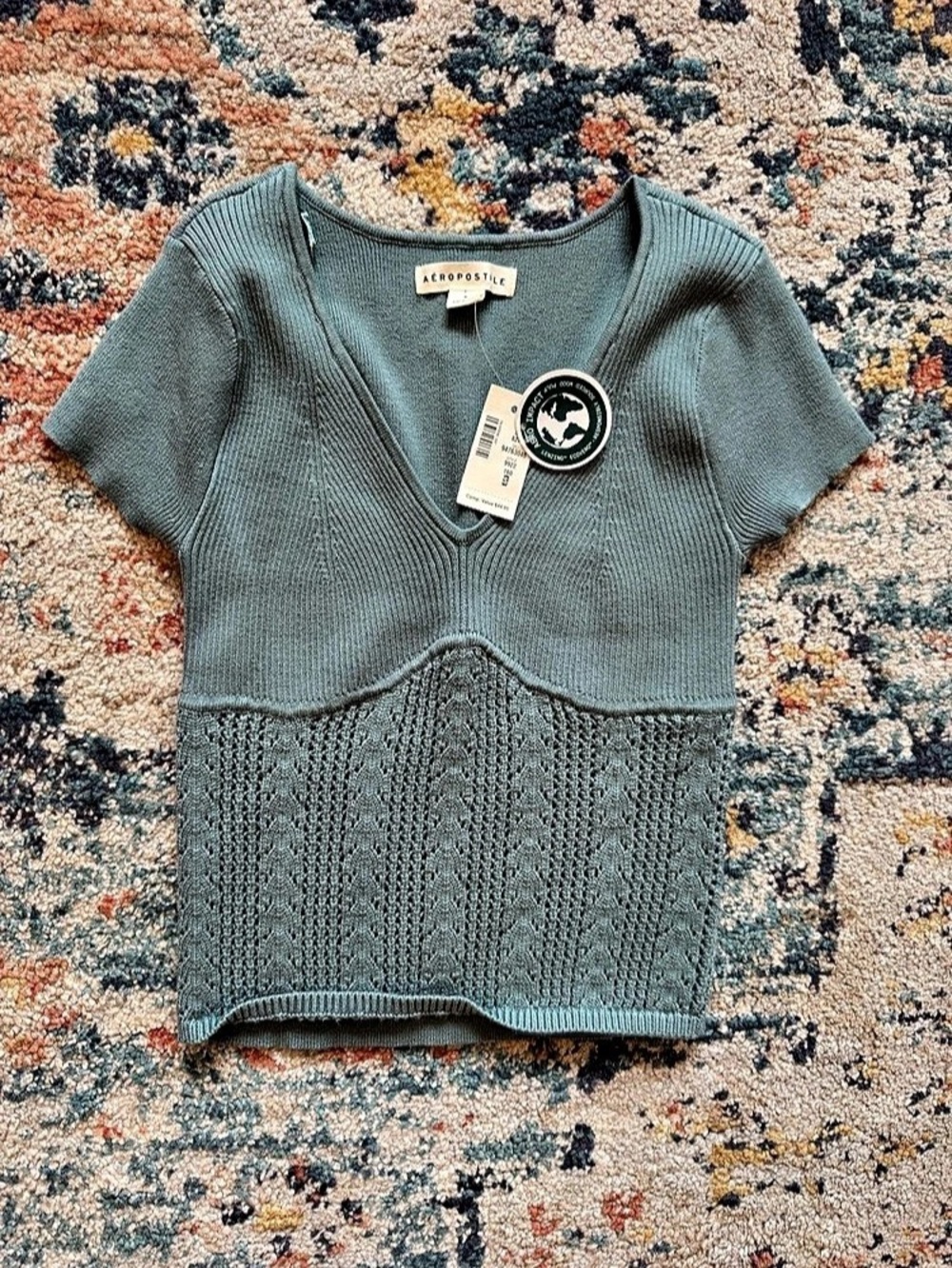 AEROPOSTALE Pointelle Knit Crop Top Green Small